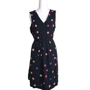 ELLE Floral Sleeveless Dress Womens Medium Black Pink V-Neck Cinched Waist Tie